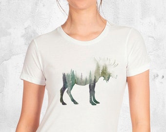 Women's Moose T-Shirt - Women's Nature Graphic Tee Shirt - Tri-Tone Moose Illustration - Gifts for Her - Super Soft Tee