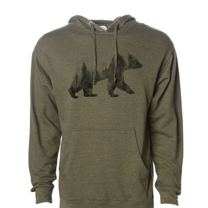 Double Exposure Bear Hoodie: Unisex Screen Printed Nature-Inspired Pullover Sweatshirt in Heather Army