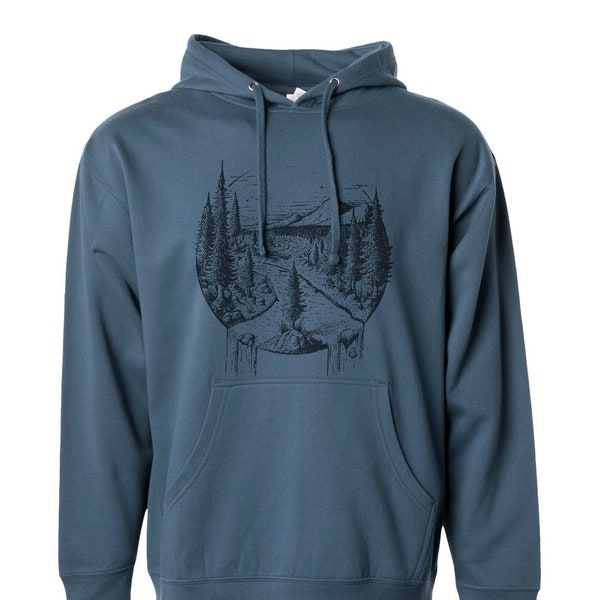 Nature Hoodies - River and Pines Mountain Themed Hoodie for Men - Unisex Hooded Sweatshirt - Winter Hoodie - Screen Print Hoodie