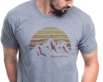 Mountain Range Woodblock Print T-Shirt: Rustic Graphic Tee for Outdoor Enthusiasts & Woodworkers