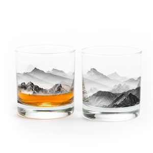 Mountains and Clouds Rock Glass Set - Mountain and Nature Themed Kitchen Glasses - Whiskey Lover Gift - Whiskey Glasses Set of Two 11oz.