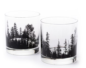 Whiskey Glasses - Forest Landscape - Forest Glasses - Whiskey Tumbler Glasses - Whiskey Glasses Set of Two - Bourbon Gifts