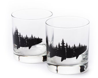 Whiskey Glasses - Fish and Forest Design - Fishing Whiskey Glass Set - Fisherman Gift - Two 11oz. Whiskey Rocks Glasses