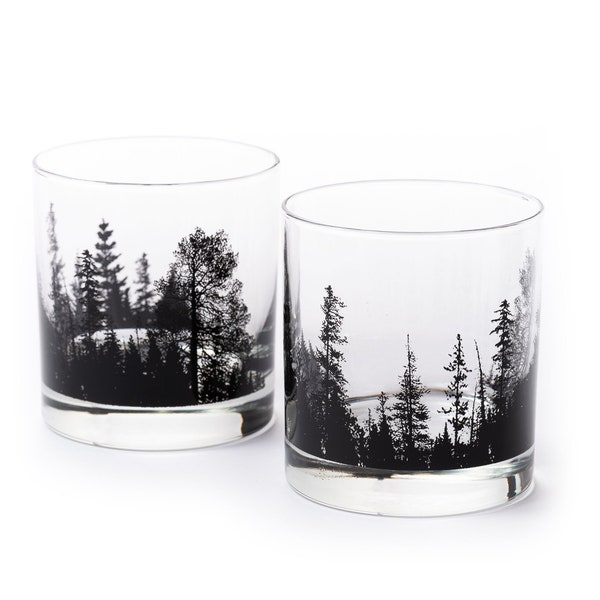 Whiskey Glasses - Forest Landscape - Forest Glasses - Whiskey Tumbler Glasses - Whiskey Glasses Set of Two - Bourbon Gifts