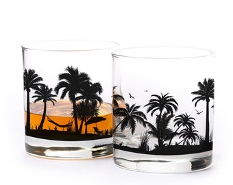 Beach Landscape Cocktail Glasses - Palm Tree & Ocean Whiskey Glasses Set of 2 - Shabby Tree Tropical Glasses - Beach Home Decor