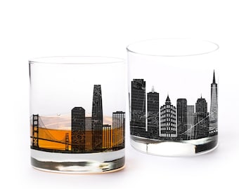 Whiskey Glasses - San Francisco Skyline with Street Maps - San Francisco California Rock Glasses - Cocktail Glasses Set of Two