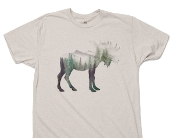 Mens T Shirt - Moose Tri-Tone Mountain and Nature Landscape - Nature Lover Gift for Men - Outdoors TShirt for Men