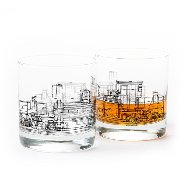 Whiskey Glasses Train Engine Blueprint - Train Gifts for Men - Train Glasses - Whiskey Glasses Set of Two