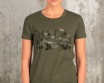 Nature TShirt Women - Forest and Clouds Graphic Tees for Women - Soft Style Tee