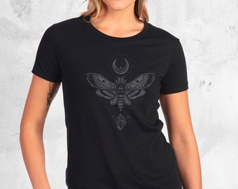Women's Moth Moon Rock Graphic Tee - Black Short Sleeve Ladies T-Shirt