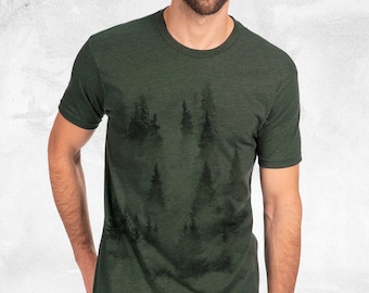 Men’s Graphic Tees - Cloudy Forest Screen Printed T-Shirt - Nature TShirts for Men - Outdoor Themed Green T Shirt