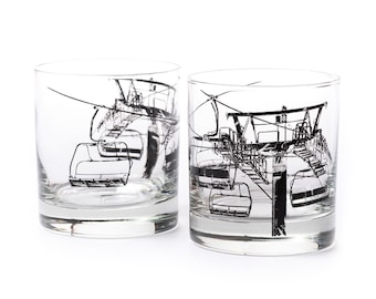Old Fashioned Whiskey Glasses with Ski Lift - Screen Printed Tumbler Glass Set - Two 11oz. Glasses