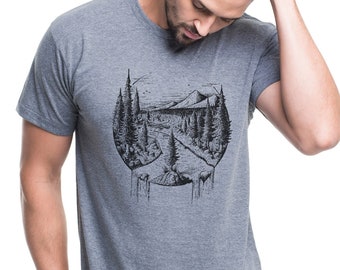 River TShirt Graphic Tee - River and Pines - Screen Print T Shirt Kayaking Shirt  Men’s/Unisex | Athletic Gray