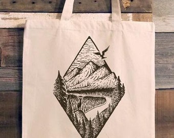 Cute Canvas Tote Bag - River Mountain Forest Design - Mountain Tote Bag - Inexpensive Gifts - Bridesmaid Tote Bag