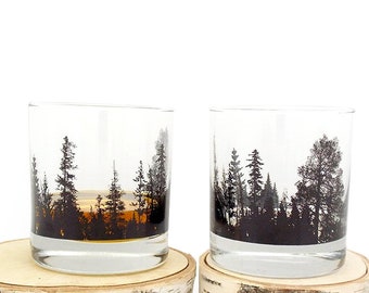 Whiskey Glasses - Forest Landscape - Forest Glasses - Whiskey Tumbler Glasses - Whiskey Glasses Set of Two - Bourbon Gifts