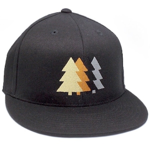 May include: Black baseball cap with a three-tree design embroidered on the front. The trees are in shades of gold, orange, and gray.