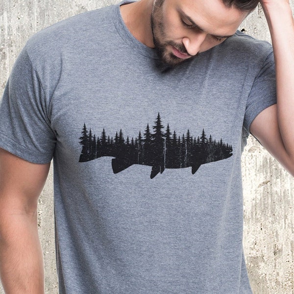 Men’s Fly Fishing T-Shirt – Hand Printed Trout & Forest Graphic Tee, Outdoor Nature Shirt Gift for Fishermen, Father’s Day Gift