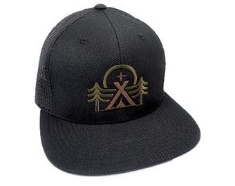 Tents and Trees Trucker Hat - Black Lantern Hat - - Mesh Trucker Hat Gift for Men - Outdoors Nature Hat