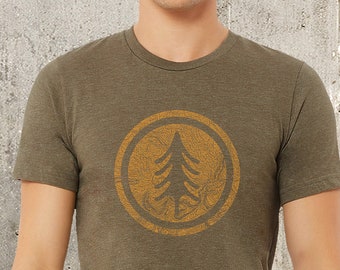 Mens Nature T Shirt - Retro Map Tree Shirt - Screen Print TShirt Men - Outdoor Trail Shirt - Christmas Gift for Men