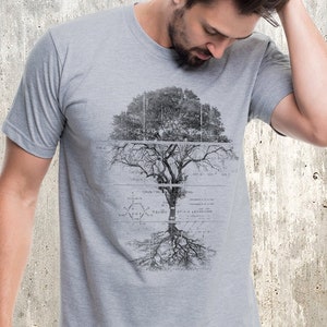 Heather Gray Men&#39;s Nature-Inspired Tree Diagram T-Shirt | Screen Printed Tree Graphic Tee for Outdoorsy Guys