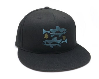 Fishing Hat - Trout and Trees - Fisherman Gift - Mens Fishing Cap  - Snap Back/Flexfit Hat - 2 Color Choices