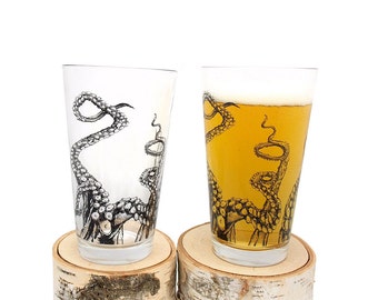 Octopus Beer Glasses - Octopus Tentacles Design - Octopus/ Kraken Pint Glass - Octopus Gift - Set of Two 16 oz Pints