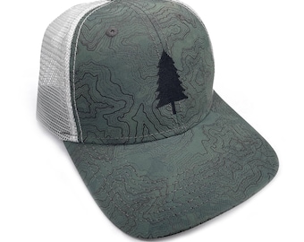 Trucker Mesh Hat - Topography & Trees - Hiking Hat Nature Hat - Adjustable Trucker Hat Mens/Unisex - Two-Tone Forest/Grey
