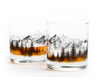 Mountain Mist Whiskey Glass Set – Hand Printed Mountain Landscape Glassware Gift for Men & Women, Fog and Pine Tree Barware, 11oz (2pc)