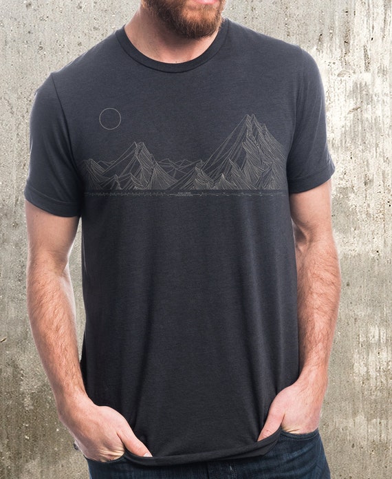 Mens Graphic Tee - Mountain Range Mapping - Short Sleeve Screen Printed Mountain Tee - Men's Black Cycling Shirt