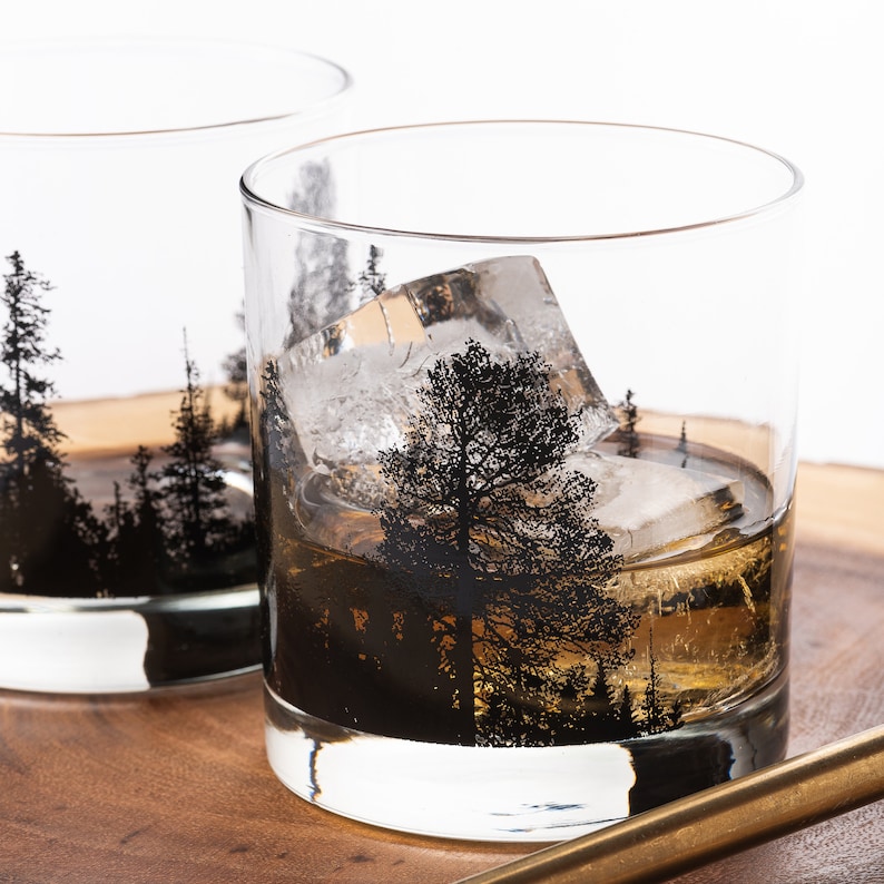 Whiskey Glasses Forest Landscape Forest Glasses Whiskey Tumbler Glasses Whiskey Glasses Set of Two Bourbon Gifts image 4