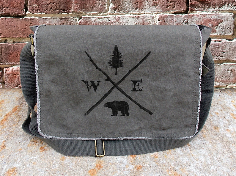 Rustic Compass Screen Printed Messenger Bag 2 Colors Available Messenger Bag