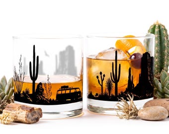 Desert Camping Whiskey Glass Set of 2, Southwest Cactus Rocks Glasses, Camper Gift, Western Barware