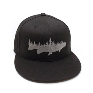Men’s trout and forest embroidered hat, premium Flexfit baseball cap in black and grey