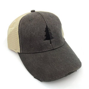 Pine Tree Embroidered Hat - Men&#39;s Distressed Trucker Hat - Split Tree Unstructured Nature Cap for Men