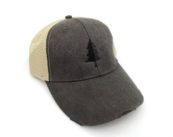 Pine Tree Embroidered Hat - Men's Distressed Trucker Hat - Split Tree Unstructured Nature Cap for Men