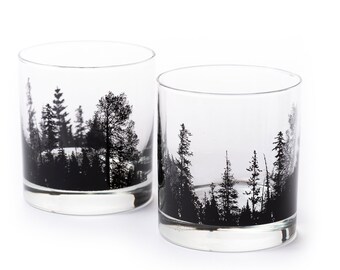 Whiskey Glasses - Forest Landscape - Forest Glasses - Whiskey Tumbler Glasses - Whiskey Glasses Set of Two - Bourbon Gifts