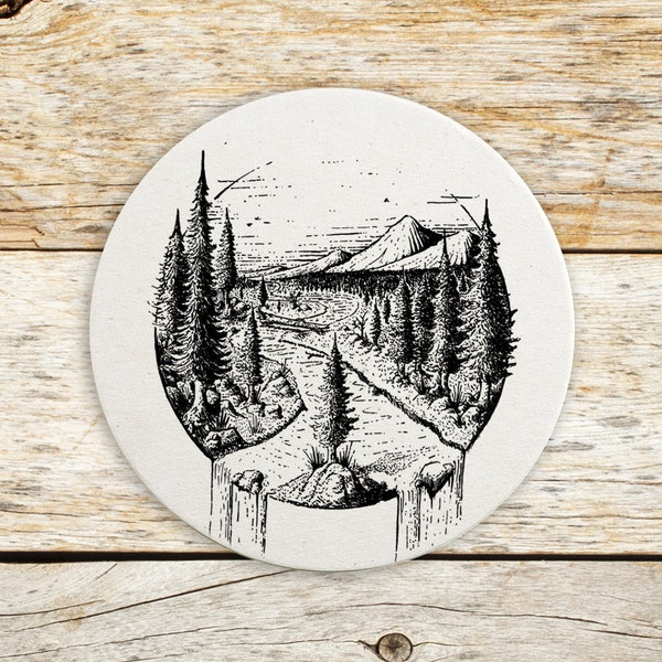 Beer Coasters - River and Pines - Screen Printed Coaster Set of 4 Unique Coasters Nature Coasters Tree Coasters