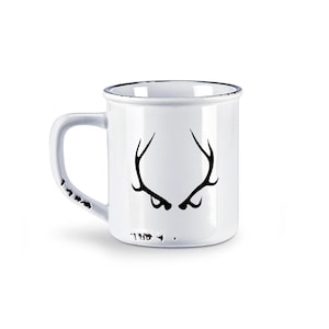 May include: White enamel mug with a black antler design. The mug has a distressed finish with a black rim and handle. The antler design is centered on the mug's front.