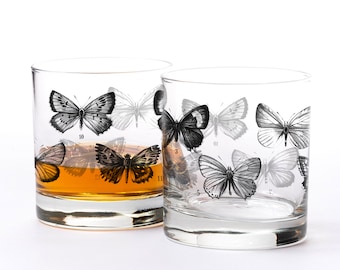 Butterfly Whiskey Glasses - Vintage Butterfly Chart Design - Butterfly Decor  - Butterfly Gifts for Her - Butterfly Glasses Set of Two