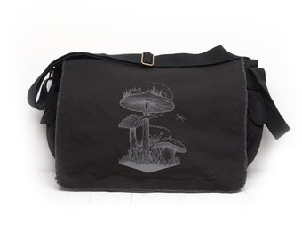 Black Canvas Messenger Bag - Forager - Mushroom and Campfire Design - Cross-Body Messenger Bag for Women/Men -  Vintage Messenger Bag Woman