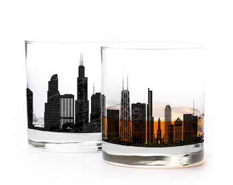 Whiskey Glasses - Chicago Glasses Cityscape & Map - Chicago Rock Glasses - Whiskey Tumbler Set of Two - Chicago Gifts