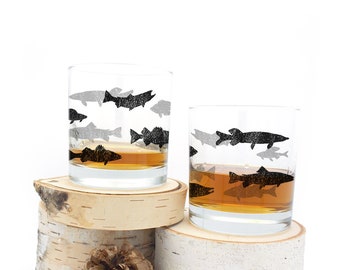 Whiskey Glasses - Fish Silhouettes - Freshwater Fish Glasses - Fly Fishing Gifts for Men - Whiskey Glass Set of Two