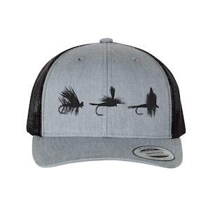 Fly Fishing Hats for Men - Trucker Hats - Mesh Back Grey and Black Trucker Cap - Fly Fishing Flies Cap Gifts