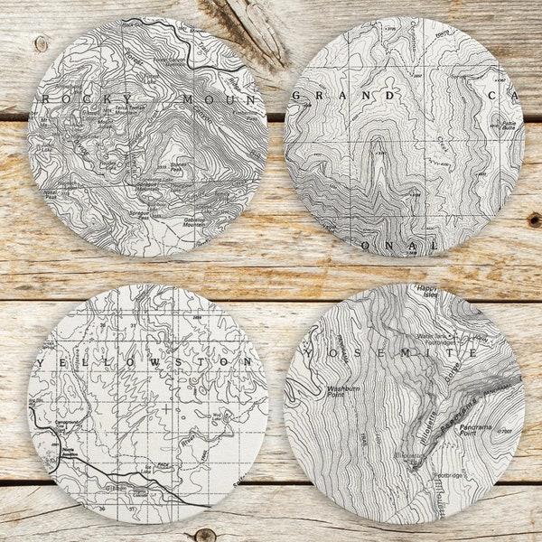 National Park Map Coasters Yosemite Yellowstone Plus 2 More -National Park Gift for Her - Travel Coasters - Beer Coaster Set of 4