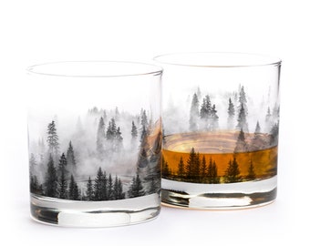 Forest and Clouds Rock Glass Set - Mountain and Nature Themed Kitchen Glasses - Whiskey Lover Gift - Whiskey Glasses Set of Two 11oz.