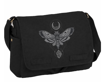 Black Canvas Messenger Bag - Moth Moon and Rock - Messenger Bag Women/Men -  Vintage Messenger Bag Woman