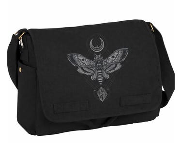 Black Canvas Messenger Bag - Moth Moon and Rock - Messenger Bag Black Canvas Messenger Bag - Moth Moon and Rock - Messenger Bag