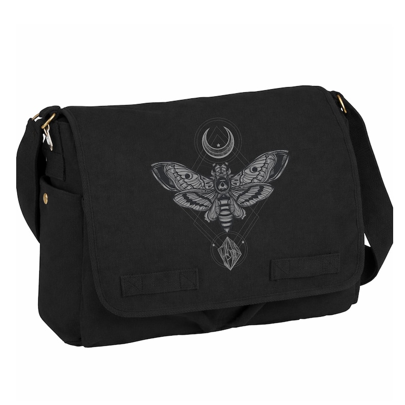 black messenger bag moth moon design front view canvas shoulder bag nature print
