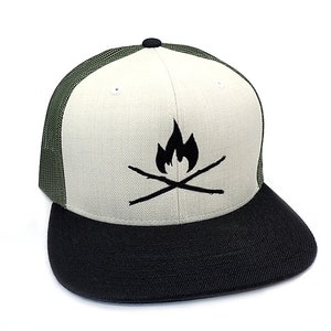 Nature-Inspired Men&#39;s Trucker Hat: Mountain, Sticks & Fire Design - Three-Tone Snapback Dad Cap Gift