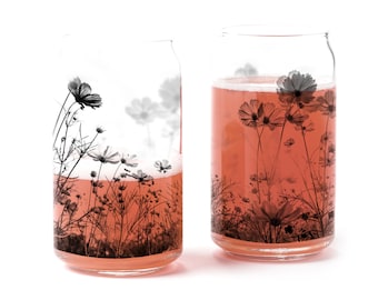 Floral Pint Glasses - Beer Can Glasses - Black and White Flower Print Kitchen Glasses -  Can Glasses Set of Two 16oz